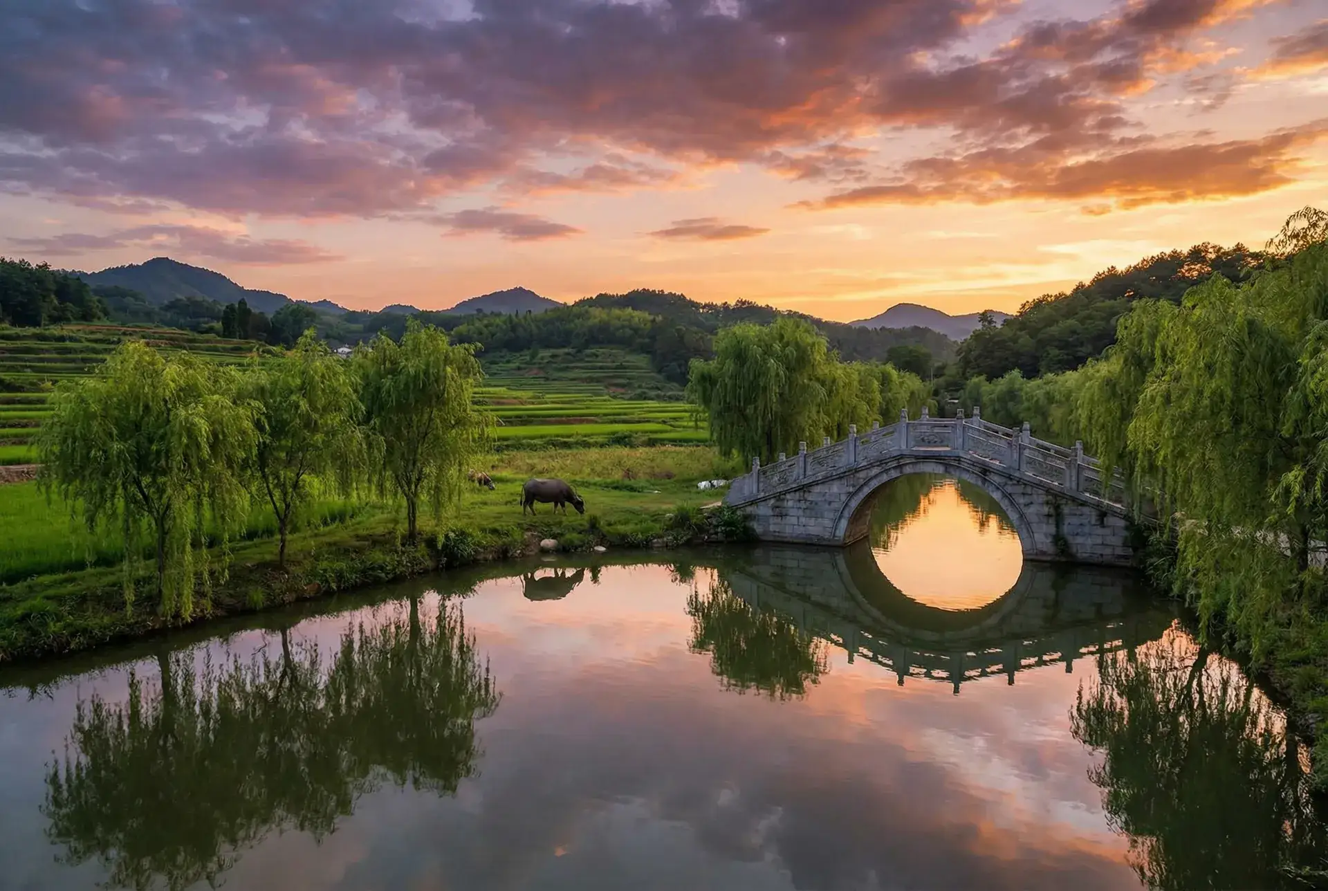 夕阳下的石拱桥与垂柳，水牛在河边吃草 - 小小影视在线视频 乡村美景